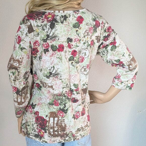 Great Northwest Top Women's Large Cream Red Floral All over Print 3/4 Sleeve Top - Picture 4 of 16